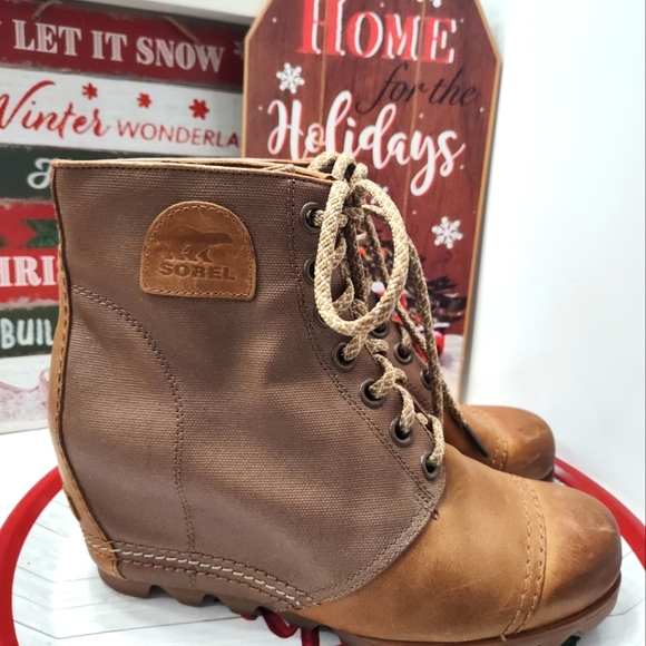 💕EUC Sorel Brand Premium Moto PDX Leather Lace Up Wedge Ankle Boots, Came, 10 - Picture 13 of 16